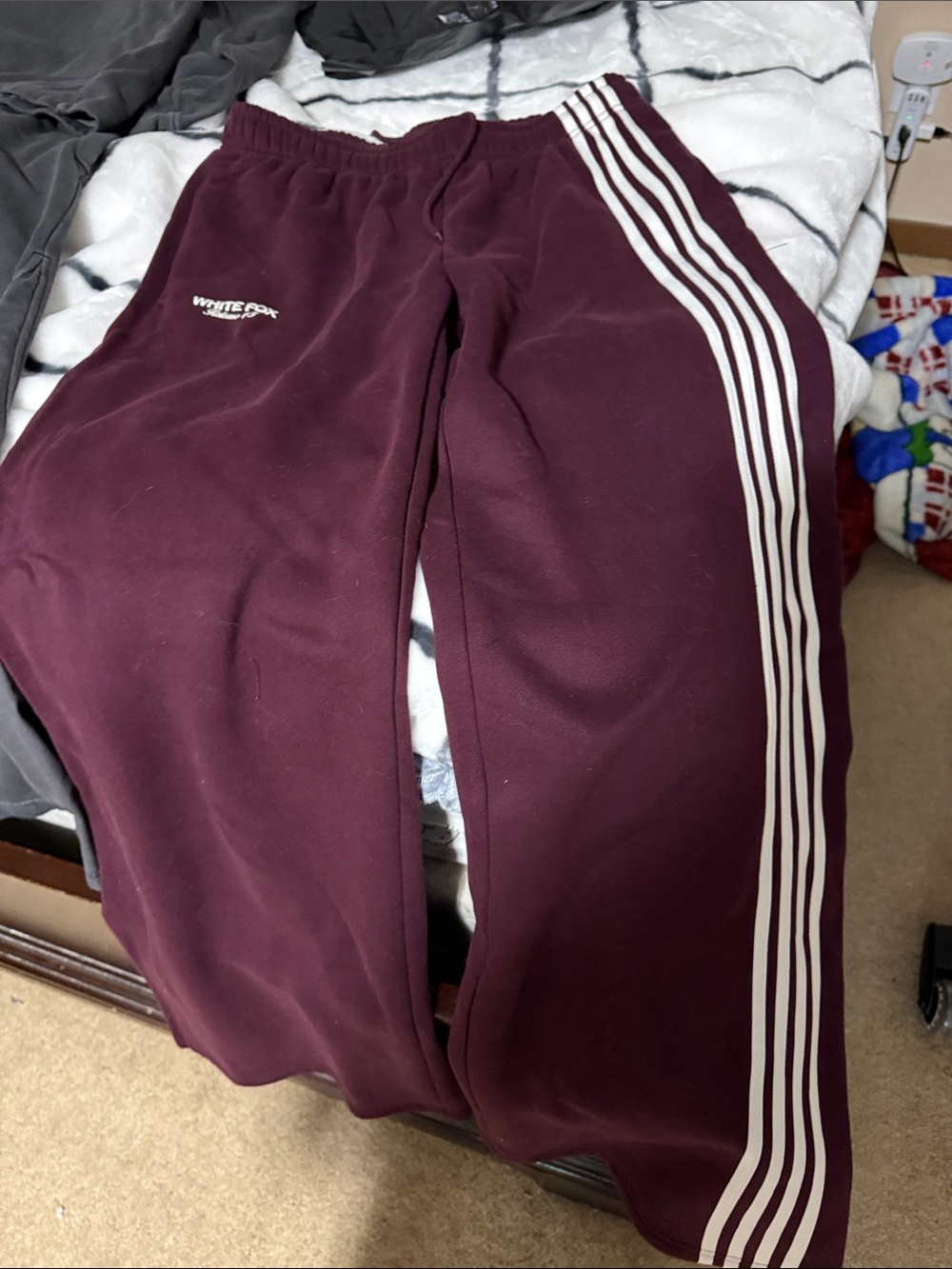 White Fox Boutique Burgundy Wide Leg Track Pants with White Stripes
